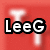 Red background with white antenna-like shapes; text 'LeeG' in black outline on left, equals sign on top right, and double T's below.