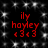 Red text on black background with white star-like patterns, showing four identical static arrangements of 'ily hozley <3<3' in red pixelated font.