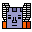Pixelated avatar with purple face, black eyes, nose, and mouth, orange and red lower sections, and black-and-white building outlines on a gray background.