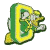 Pixelated green and yellow abstract shape resembling a stylized letter or sports equipment with gradient shading and dithering effects on white background.