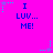Bright pink background with blue text reading "I LUV... ME!" and small cyan stars scattered around, some with trailing dots.