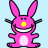 Static pixel art of a pink cartoon bunny with large ears, yellow nose, and wide grin against light blue background.