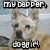 Pixelated image of a dog's face with text above and below, set against a blurred background.