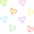 Pixelated heart shapes in pastel colors arranged on a white background, each with distinct color variations and no visible text or additional elements.