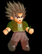 Animated character with spiky brown hair, green jacket, brown pants, and brown boots in three sequential poses with orange particle effects below.