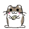 Pixelated hamster-like character with brown and white fur, black eyes, pink cheeks, holding a striped object in both hands against gray background.
