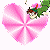 Animated pink heart-shaped icon with a green cartoon character performing acrobatic poses