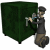 Animated sequence of a person in dark clothing kneeling beside a green cube, holding a tool against its side.