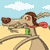 Pixelated cartoon character with brown hair and red eyes, wearing a red scarf, holding a cactus in a desert landscape with blue sky and clouds.