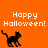 Pixelated black cat walking on orange background with "Happy Halloween!" text in white.