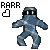 Pixelated icon shows a blue figure in hooded outfit with black mask, arms outstretched, standing on white background next to 'RARR' text and heart symbol.
