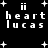 Black background with white pixelated text and plus symbols arranged in a pattern, featuring repeated 'heart lucas' text and double vertical lines