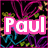 Pixelated text 'Paul' in pink with white outline appears over abstract background of purple, blue, green, and orange lines on black.