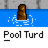 Animated contact sheet showing 16 frames of a pixel art icon featuring a white stick figure in a yellow duck boat on blue water with brown pillars, repeating the text "Pool Turd" below each frame.