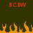 Red pixelated text "BCBW" appears twice on a dark green background above orange pixelated flames.