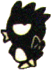 Four black cartoon character poses with white eyes and belly, spiky hair, varying expressions from smiling to angry, on gray background.