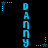 Vertical blue text 'DANNY' on black background with scattered blue stars and dotted lines, animated to shift positions.