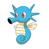 A 49x49 pixel animated contact sheet of a blue seahorse character with red eyes and striped belly, displayed in six frames across two rows on a white background.
