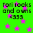 Green background with pink stars and repeated text "Tori rocks and owns <333" in black pixelated font.