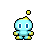 Pixel art character with light blue body and yellow accents, shown in multiple poses including standing still, turning head left to right, and smiling with tongue out.