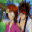 pixelated character images with brown hair and pink clothing against a blue sky and green landscape background