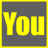 Yellow 'You' text on gray background with colored borders, transitioning to a cartoon character's face in