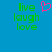 Blue background with green text 'live laugh love' and a pink pixelated heart symbol above the text.