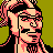 Pixelated 48x48 static buddy icon featuring a stylized character with peach skin, black hair, and glasses against olive green background.