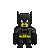 Pixel art depiction of a Batman character with black cowl, yellow face mask, and bat symbol on chest against gray background.