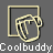 Two static frames of a pixelated animated icon showing a yellow stick figure running inside a beige square frame on gray background with repeated text "Coolbuddy" below.
