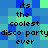 Pixelated text reads 'its the coolest disco party ever' on a blue-green background with no visible animation changes