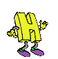 Yellow blocky H-shaped character with purple feet and green ankle accents, performing a sequence of arm and body poses against gray background.