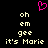 Pixelated text and a pink heart symbol on black background with repeated 'oh em gee it's Marie' in two