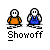 Pixel art animation of two figures in orange and blue shirts performing actions against a gray background with 'Showoff' text below.