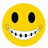 Yellow pixelated smiley face with black eyes and white teeth on a white background, next to yellow text on black background.