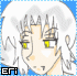 Pixelated anime-style character with white hair and yellow eyes in a sequence of facial expressions against a blue background.