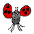 Pixelated insect with red wing-like structures and black spots, gray body, multiple legs, on white background.