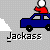 Blue car with red figure on roof, white circular head, and white snowbank background; text "Jackass" below each car.