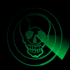 Animated contact sheet of six green skull icons with rotating light beams on black background, each frame showing different beam positions around the circular skull outline.