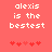 Pixelated text 'alexis is the bestest' in white on coral background with red heart symbols below, showing animation change between frames.