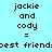 Pixelated text displays "jackie and cody = best friends" in three repeated horizontal on a cyan background with partial gray overlay
