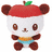 Pixelated cartoon panda with red apple hat, brown ears and limbs, white face, small nose, closed mouth, yellow-orange chest band, blue lower body, on white background.