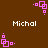 Brown background with repeated pink square-based pixel art icons and white text reading "Michal" in four positions.
