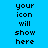Static blue background with repeated black pixelated text reading 'your icon will show here' in three vertical
