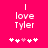 A bright pink background displays white pixelated text reading "I love Tyler" with a of five heart symbols below, where the third heart is light pink