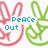Pixelated bunny outline with 'Peace Out' text on left, green bunny outline in center, and pink/yellow floral character with 'peeps!' text on right.
