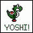 Pixelated character with red chest emblem and curved tail, displayed in multiple color variations beneath 'YOSHI!' text.