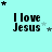 Light cyan background with black text "I love Jesus" and multiple star symbols in varying positions across a