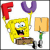 Spongebob Squarepants holds red F, purple U, and tan N blocks in a of six with text explaining each letter's meaning