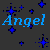 A static contact sheet of four identical frames showing a pixelated blue text "Angel" repeated twice on a dark gray background with scattered blue starbursts.